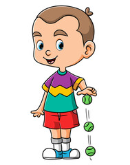 The cute boy is playing the tennis and dribbling the green ball