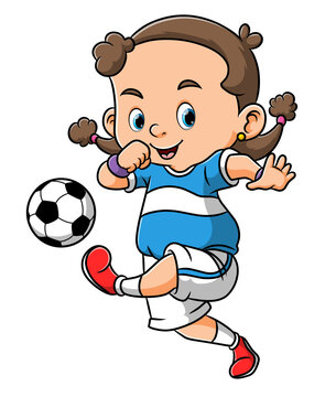 The little girl is playing the soccer and kicking the ball