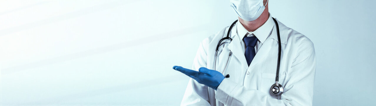 Doctor gesture hands medical background. Happy nurse in blue gloves, hospital uniform, stethoscope isolated on white. Close up, copy space background.