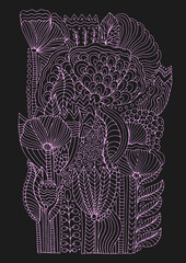 Vector hand drawn colorful pattern background decorative fantastic unreal doodle leaves and flowers. Freehand sketching illustration nature painting. Design floret pattern print. Pink lines on brown