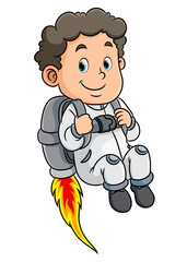 The cool boy is flying with the big fire rocket