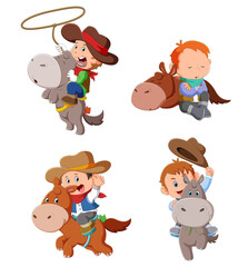 The collection of the cowboy children playing with the donkey