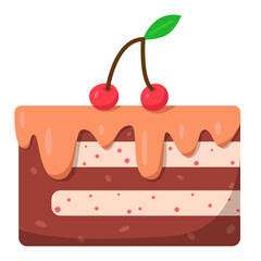 Cake slice with cream and cherries. Cute illustration in cartoon flat style. Happy Birthday greeting card design element. Vanilla and chocolate cake