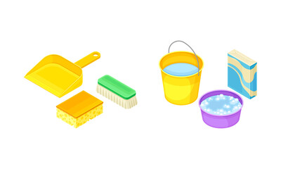 Household Cleaning Equipment with Bucket, Brush and Dustpan Isometric Vector Composition Set