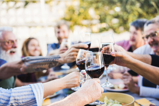 Happy family cheering with red wine at barbecue dinner outdoor - Focus on front hand holding glass