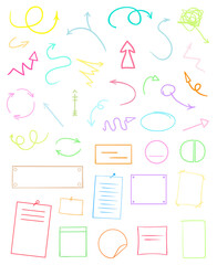 Infographic tables on isolated background. Collection of colorful desks on white. Arrows for design. Hand drawn simple signs