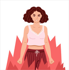 Angry furious irritated woman clenching fists, on the verge of psychological breakdown, surrounded by fire. Hand drawn character. Flat isolated vector illustration.