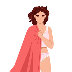 Sleepy tired woman holding blanket or plaid, suffering from insomnia, sleep disorder. Drowsiness and sleepiness. Cartoon character. Vector hand drawn flat illustration.