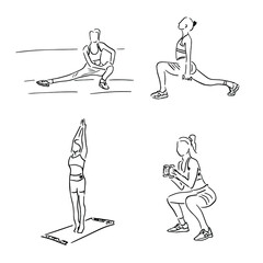 Doodle line illustration of a woman in a sports top and leggings doing squats with dumbbells, doing exercises in the morning, sports in people's lives