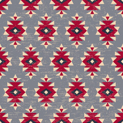 Fototapeta na wymiar Ethnic geometric seamless pattern. Folk art style, aztec, fabric design, carpet, red, vector