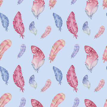 Watercolor seamless pattern from hand painted illustration of pink, blue, brown wild bird's feathers. Print on blue background in boho style for design postcard, fabric textile, fashion style