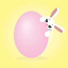 A cute bunny peeping out from behind a giant egg, a white Easter rabbit with a pink egg
