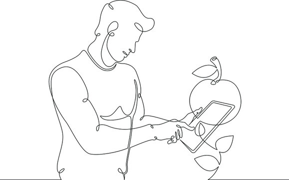 recommend clip art: One continuous line.Augmented reality. Agronomist bioengineer using a tablet examines a plant. AR recognition and object scanning. Continuous line drawing.Line Art isolated white background.