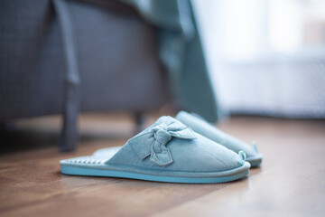 Slippers of female home turquoise color stand on the floor