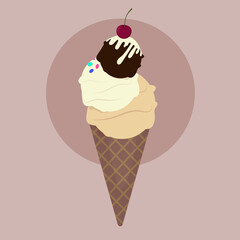 ice cream in a cone  flat cartoon illustration chocolate