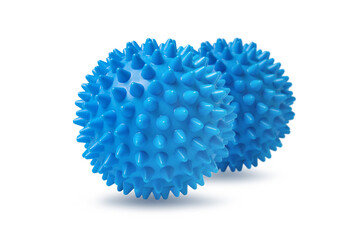 Two blue spiny massage balls isolated on white. Concept of physiotherapy or fitness. Closeup of a colorful rubber ball for dog teeth on a white color background. Corona virus model.