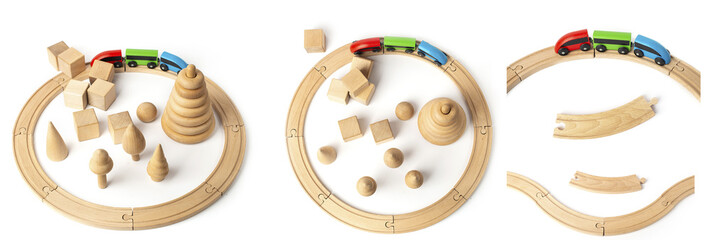 set of children's wooden road for the train on a white background. panorama