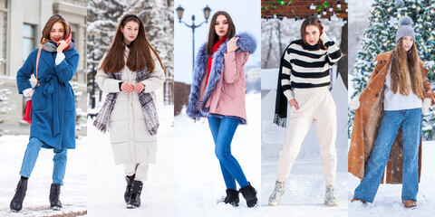 Fototapeta premium Collage Winter fashion. Full body portrait of a young beautiful models