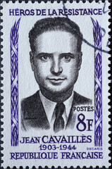 France - circa 1958: a postage stamp from France, showing a portrait of French Resistance hero Jean...