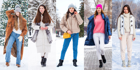 Collage Winter fashion. Full body portrait of a young beautiful models