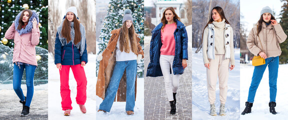 Fototapeta premium Collage Winter Fashion. Full body portrait of a young beautiful models