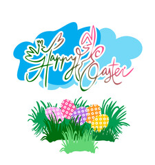 Happy Easter template with colored eggs in the grass. Vector illustration. Design layout of invitations, postcards, menus, leaflets, banners, posters.