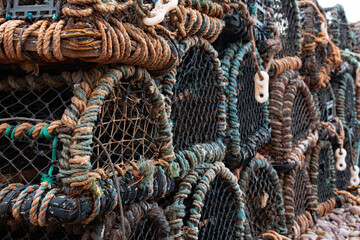 Close up view of Lobster pots . Fascinating picture with a highly detailed and colorful view of...