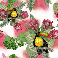 Watercolor pattern toucan in tropical leaves © Ольга Рудакова