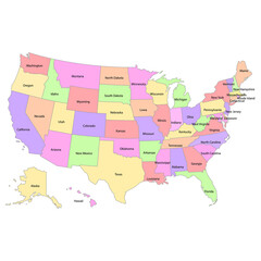 Poster map of the United States of America with the names of the states. Black and white printed map of the United States for T-shirts, posters or geographical themes. Drawn map with states. Vector