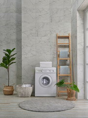 Washing machine decorative style in the bath room, vase of plant, mirror and wooden stairs, towel...