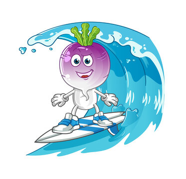 turnip head cartoon surfing character. cartoon mascot vector