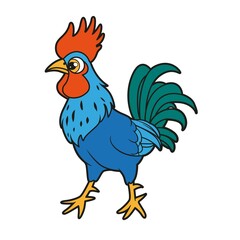 Cute cartoon rooster looks ahead color variation for coloring book on white background