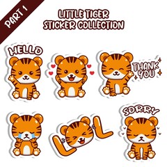 Set of cute little tiger sticker collection hello love thank you cry LOL sorry emoticon