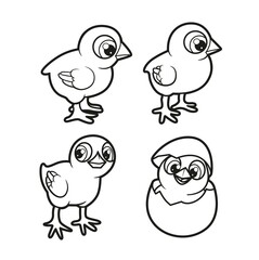 Cute cartoon chickens outlined for coloring book on white background
