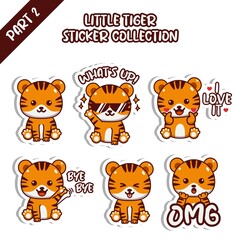 Obraz na płótnie Canvas Set of cute little tiger sticker collection whats up i love it bye bye OMG emoticon