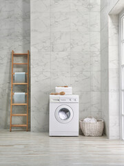 Washing machine decorative style in the bath room, vase of plant, mirror and wooden stairs, towel...