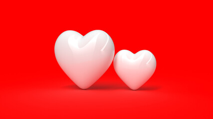 3d render, 2 white heart red background Valentine's day love