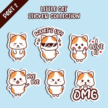 Set Of Little Cat Sticker Collection Whats Up I Love It Bye Bye OMG Emoticon Cute Design