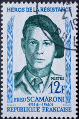 France - circa 1958: a postage stamp from France , showing a portrait of French Resistance hero...