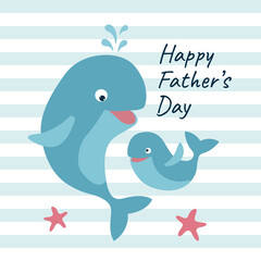 Father's Day greeting card with cute whales and starfishes