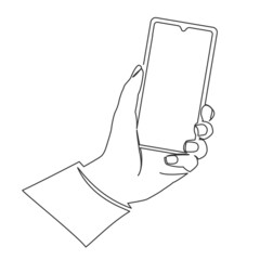 continuous line drawing of hand holding smartphone, single line mobile phone in hand vector illustration