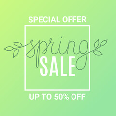 Spring sale square banner template. Discount text on green gradient background 
