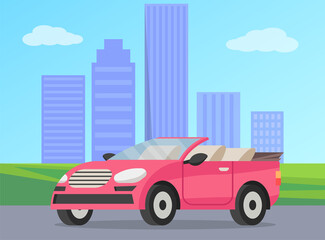 Fototapeta na wymiar Pink cabriolet on city road cartoon vector illustration. Stylish car for women, girly auto without roof flat color object. Luxurious personal transport fashion automobile in cityscape with skyscrapers