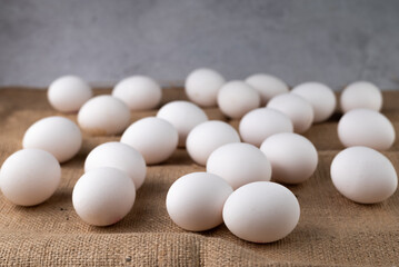 Many white eggs lie on burlap against a gray wall.