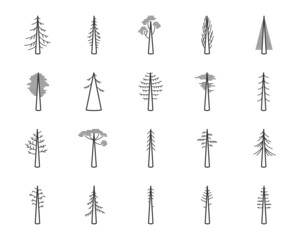 Simple set of coniferous trees related vector icons. Contains icons as araucaria, cedar, cypress, fir, pine and more. 256 x 256 Pixel Perfect scalable to 128 px, 64 px ect.