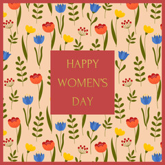 Card for International Women's Day. Golden text on colorful floral pattern