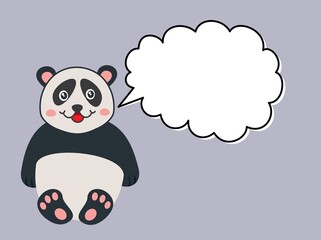 Cute and young panda sitting with smile with cartoon bubble to talk on colour background 