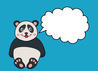 Cute and young panda sitting with smile with cartoon bubble to talk on colour background 