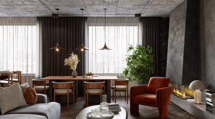 Open plan living room interior with dark walls, 3d render 