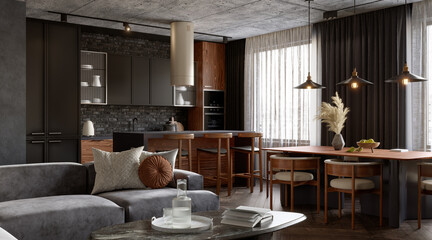 Open plan living room interior with dark walls, 3d render 